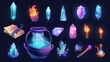 The amulets, crystal, book of spells and cauldron with boiling potion are modern cartoon icons set for a game about witchcraft or wizardry.