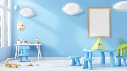 Modern realistic set of furniture for kids room or kindergarten, blue desk with pyramid toy isolated on transparent background with white poster.