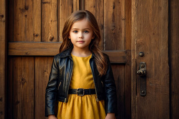 Preschool girl in leather jacket and yellow dress sitting at wooden door background, looking at camera. Little model with positive emotion on face, smiling. Fashion style concept. Copy text space