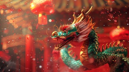 Poster - An elegant dragon on a festive red background accented by mists, confetti, lanterns, and traditional buildings. Text: Dragons bring prosperity.