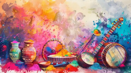 a celebration of holi with a focus on music. depict a hand-painted background with traditional india