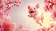 An adorable piggy jumps over a banner with a pink flower frame for the new year