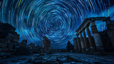 Fototapeta Przestrzenne - Ancient Ruins Against Swirling Star Trails in Night Sky