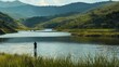 A serene lake shimmers in the sunlight surrounded by rolling hills covered in thick verdant grasses. In the distance a lone figure stands with binoculars in hand scanning the horizon .