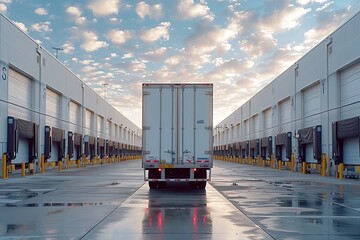 A truck driver skillfully backing up their trailer into a tight loading dock space at a busy warehouse