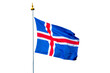 Photo of an Iceland flag on a pole floating in the wind isolated on white transparent background, png file