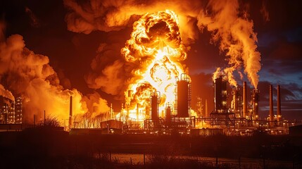 industrial accident, show a factory explosion or fire caused by dangerous chemicals