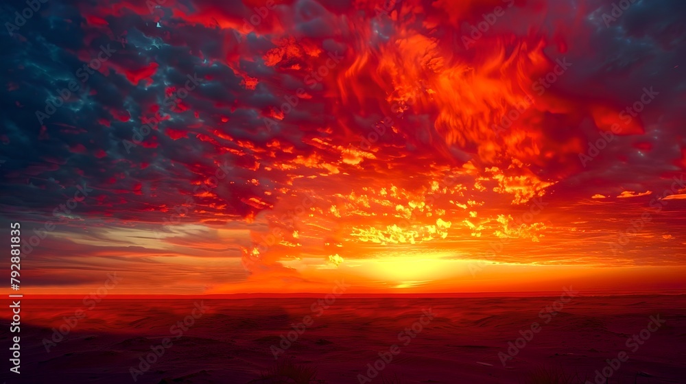 Vivid sunset sky filled with fiery red and orange clouds. Serene ...