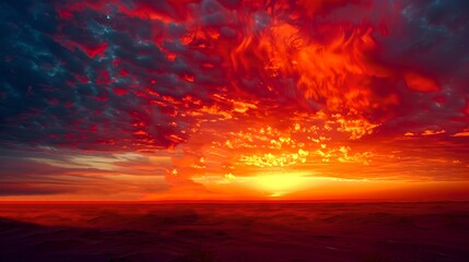 Poster - Vivid sunset sky filled with fiery red and orange clouds. Serene natural beauty captured in a scenic landscape photo. Ideal for backgrounds and nature themes. AI