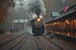 © create interior - A vintage passenger train departing from a classic train station, puffing steam and waving flags