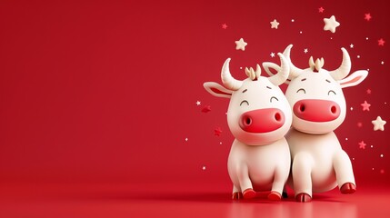 Wall Mural - Cartoon characters of white cattle isolated on red background. Concept of China's 2021 lunar new year celebration under the sign of the ox.