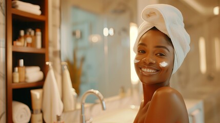 A beautiful smiling black woman with a white towel on her head, applying face cream in the bathroom, surrounded by beauty products and makeup tools.