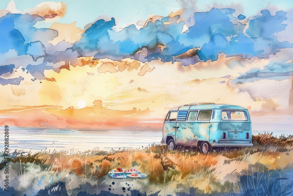 The watercolor of a retro camper van in pastel blue and white, parked ...