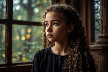 Portrait sad teenage girl with curly hair in black dress posing at big light window in cosy room. Studio shot thoughtful pensive teen lady. Child emotion concept. Copy text space for advertising