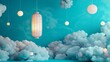 Paper lantern and clouds on turquoise background