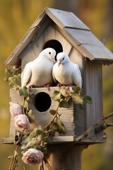 a pair of doves nesting together in a quaint birdhouse, showcasing themes of love and companionship 