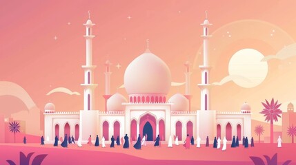 Happy Eid Mubarak calligraphy with mosque and people in flat design