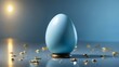 Pale blue egg, exuding aura of tranquility, mystery, holds position of prominence on small, round, bronze pedestal. Pedestal, with its rich, warm hue, provides striking contrast to cool tones of egg.