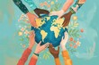 An illustration hands reaching across a globe, their fingers intertwined in a symbol of unity and determination. hope for global cooperation and peace, compelling choice for campaigns and initiatives