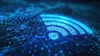 A beacon of connectivity: a close-up of a WiFi icon pulsates with vibrant light, symbolizing wireless data flow across a network. Set against a deep blue background, a sense of limitless connections.