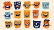 The faces of a set of sad people are covered by smiling masks that express positive and happy emotions. These characters hide individuality, psychological problems, hypocrisy, and depression.