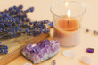 Amethyst, candle and lavender still life