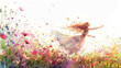 A girl is dancing in a field of flowers. The background is white.