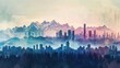 Panoramic view of a cityscape blending into a mountain range with surreal proportions and colors, suitable for avantgarde art exhibitions and innovative marketing campaigns