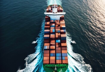 Canvas Print - 'top aerial cargo ocean view contrail container ship sea carrying port running international smart freight shipping service webinar banner tank box'