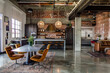 Industrial glam loft featuring exposed brick walls, polished concrete floors, and luxe velvet furnishings.