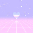 Neon retro heart with flying stars on pastel gradient background.