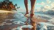 © DWN Media - Close up of a man's feet walking on the beach, closeup of legs in shallow water against a tropical resort background