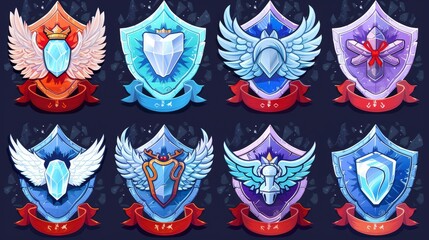 Achievement rank emblems, frozen hexagon labeled level of game with red ribbon and wings. Modern cartoon set isolated on white background.