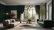 Contemporary living room concept featuring modern furnishings and an elegant green arch with dried flowers. Presented in a realistic render with a white sofa and armchair.