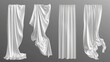 A real-life set of white curtains hanging isolated on a transparent background. Modern illustration of silk fabric sheets and veil fluttering in the wind. Textile design elements for interior