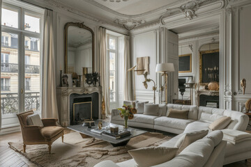 Parisian chic apartment boasting elegant Haussmannian architecture, ornate moldings.