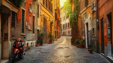 Beautiful Street In Trastevere District In Rome Italy.