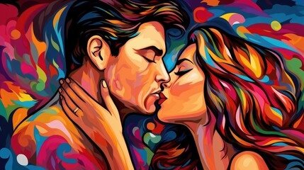 romantic kiss between man and woman colorful illustration