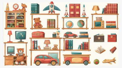 Poster - Toy shop furniture and goods isolated on white background. Illustration of wooden shelves with teddy bears, stuffed dogs, cars, rockets, books, cubes, balls, computer on cash desk, and a computer