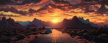 A Lone Car Drives Through A Desert Landscape As The Sun Sets.