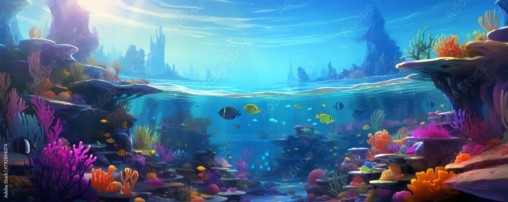 An illustration of a coral reef with many types of fish and other sea ...