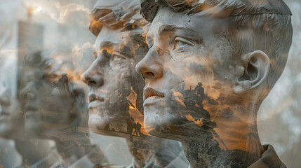 monument to a young soldier against the backdrop of hostilities, double exposure