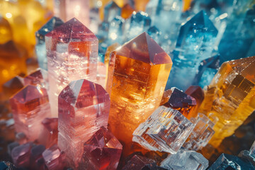 Aufkleber - A photograph of a chemical garden with various metal salts growing colorful crystal structures in a
