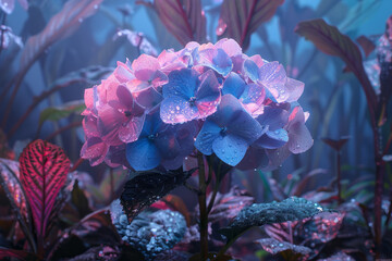 Poster - A scene showing the color change of a hydrangea flower from pink to blue as aluminum sulfate is adde
