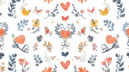 Wall Mural - seamless pattern with flowers and hearts