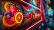 Slot Machine Symbols: A photo of a bright, colorful fruit symbol on a slot machine
