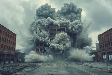 Poster - A scene showing the explosive demolition of a building, where carefully placed charges release a rap