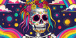 Floral Crowned Sugar Skull Amidst Cosmic Suns and Clouds