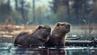 cute group of capybaras in a lake on a log during the day in high resolution and quality