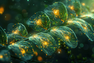 Poster - A dynamic scene illustrating the detailed process of photosynthesis within plant cells, focusing on